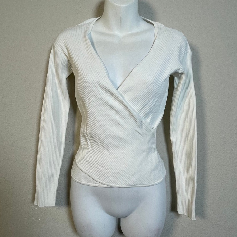 Jonathan Simkhai Wrap Top Women XS White Ribbed V-Neck Long Sleeve Slim Fit